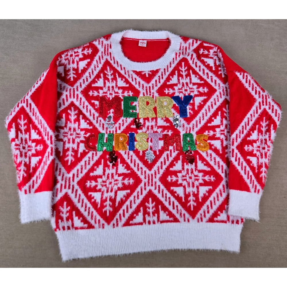 Holiday Time Merry Christmas Fair Isle Sequin Sweater Red Plus 1X 16W 18W